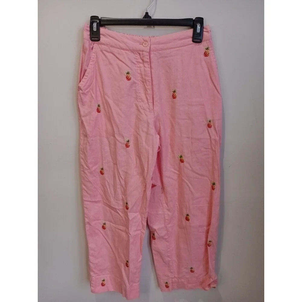 Sun Moda Resort Wear Capri Pants Pint Linen Cotton Embroidered Pineapples Small
